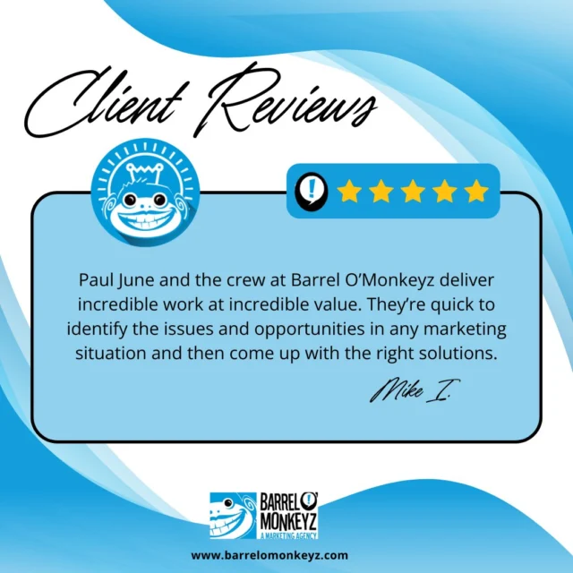Our #ReviewoftheMonth reflects what drives us every day—creating real results and building strong, lasting partnerships with our clients. We’re grateful for this feedback and take pride in helping brands succeed through smart strategy, creative solutions, and consistent execution. Recognition like this pushes our team to keep raising the standard and delivering long-term growth.

If you’re ready to take your brand to the next level and work with a team committed to results, contact Barrel O’ Monkeyz today and let’s build something impactful together. 
#MarketingStrategy #BarrelOMonkeyz #BusinessGrowth